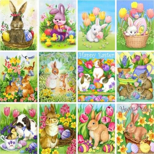Huacan Full Square Diamond Painting Rabbit Animal Mosaic Cartoon Embroidery Flower Easter Egg Home Decor