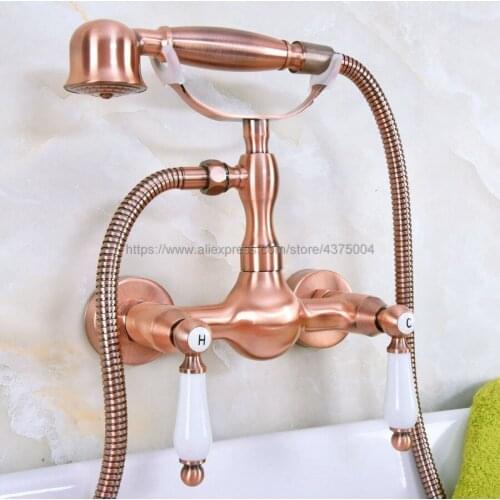 Antique Red Copper Wall Mounted Bathroom Faucet With Hand Held Shower Head Bathroom Shower Faucet Set Mixer Tap Nna309