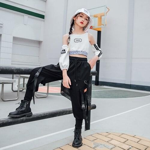 Kids Jazz Costume Girls Hip Hop Clothing White Tops Black Pants Street Dancing Performance Wear Ballroom Rave Outfit DNV14941