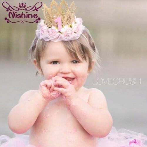 Nishine 1st Birthday Headband Crown Hair Band Fashion Lace Flower Photo Props Princess Girls Kids Glitter Crown Headwear