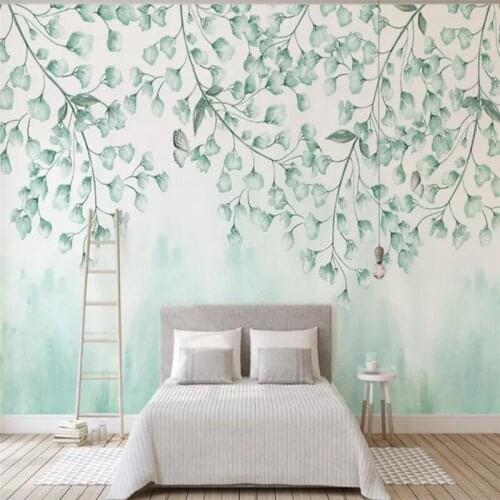 Custom wallpaper fresh green leaves watercolor style Nordic minimalist TV background wall decoration waterproof material