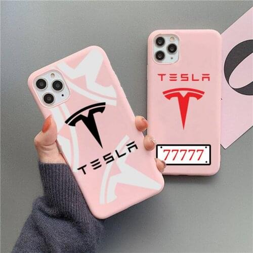 Luxury car brand Tesla Phone Case For iphone 12 11 Pro Max Mini XS 8 7 6 6S Plus X SE 2020 XR Matte Candy Pink Silicone cover
