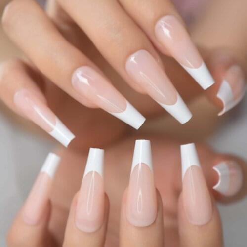 Ballerina Pink Press On Nails XL Long Coffin Fake Nails Tapered Square Head False Nails Women French Manicure