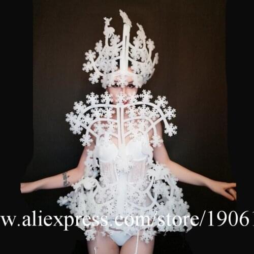 Snowflake Theme DS Singer Show Bar Nightclub Costumes Party Event Christmas Snow Dress Clothes With Headwear And White Umbrella