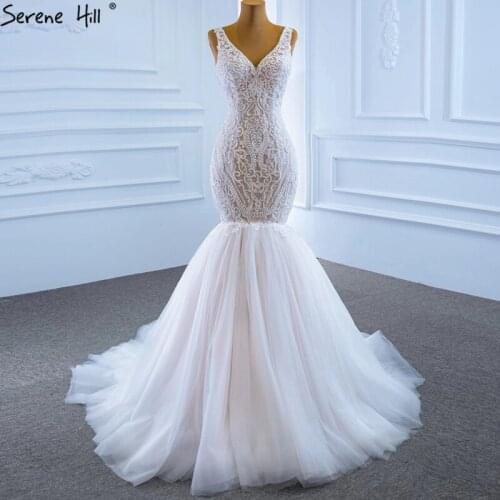 Serene Hill White Mermaid Embroidery Wedding Dress 2020 Sleeveless V-Neck Beading High-end Sexy Bridal Gown Design CHM67191