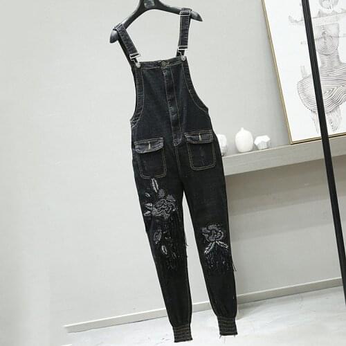 Streetwear Style Overall Ripped Pockets Pants Women Washed Jeans Denim Casual Hole Jumpsuit Romper Overall Denim Pants Jumpsuit