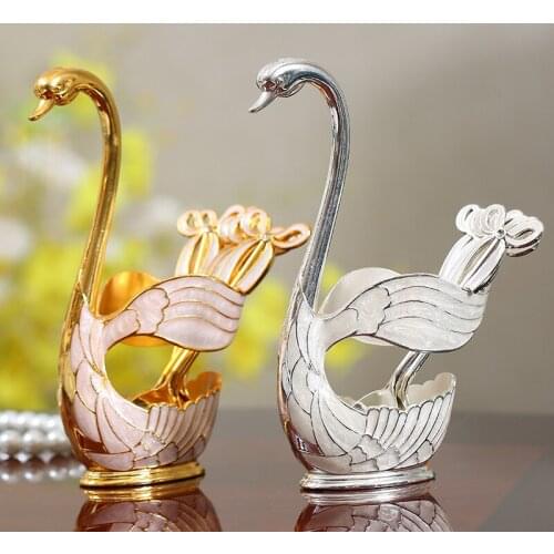 6pcs Fruit Forks Swan Holder Stainless Steel Gold Silver Dessert Spoon for Cake Restaurant Home Office Shop Desktop Decoration