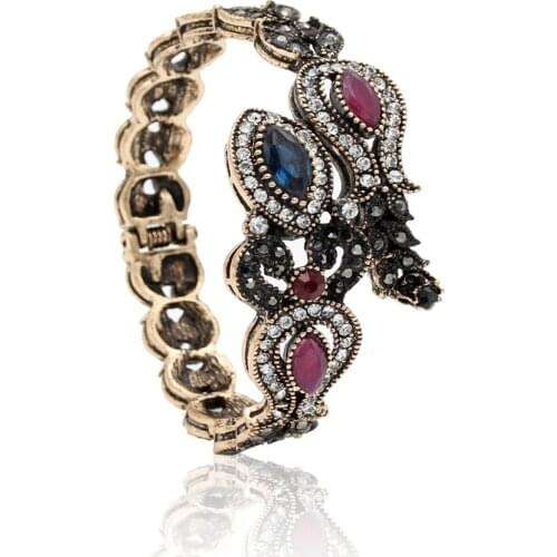 Vintage Turkish Tulip Flower Adjustable Bangle Cuff Antique Gold Color Resin Bracelet Ethnic Banquet Stage Jewelry Gypsy Bride