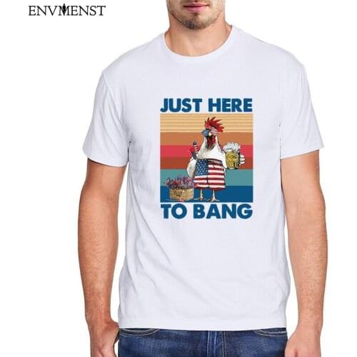 Funny Chicken Beer Mens T-Shirt Graphic 4th of July Just Here To Bang USA Flag Shirt Vintage Mens Short Sleeve Tees Cotton Tops