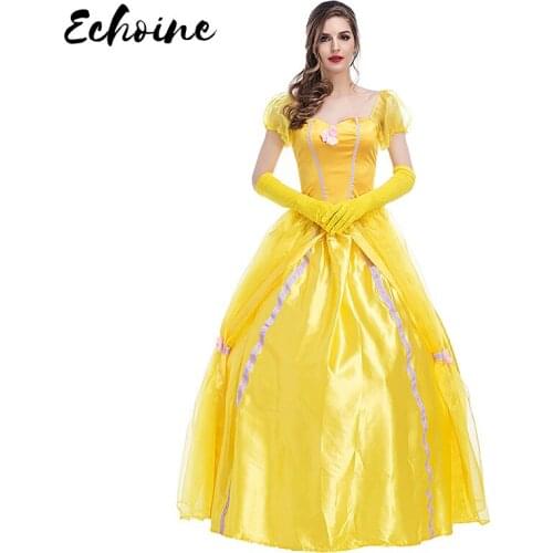Echoine Yellow Fantasias Beauty Beast Belle Princess Dress Adult Fancy Party Christmas Halloween Dress Cosplay Costume Outfits