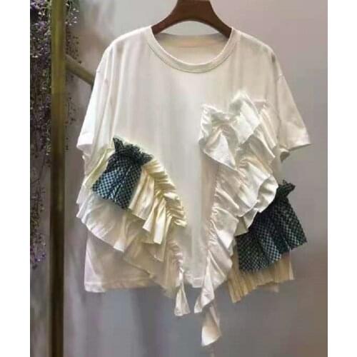 2021 Summer Fashion Tops & Tees High Quality Women Appliques Floral Deco Short Sleeve Casual White Dark Blue T-Shirt Lady Top