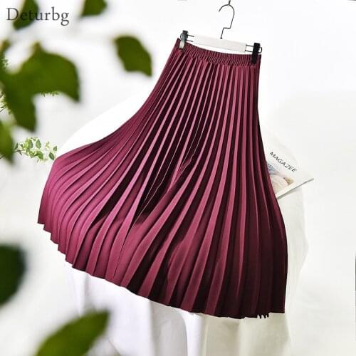 Womens Elegant Solid Color Midi Long Skirt Korean High Waist Pleated Thick Slim A-Line Skirts For Suits Saias 2021 Spring Sk647