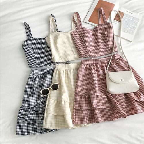 HELIAR Sets Women Two Pieces Sets Elastic Spaghetti Plaid Tops and Ruffles Skirts Outfits Female 2021 Summer Cute Sets For Women