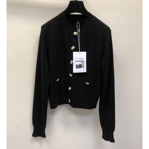Women 2021 Autumn Winter Cardigan 100% Cashmere Knitted Jacekt O-Neck Golden Button Black White Knitted Sweater Coat