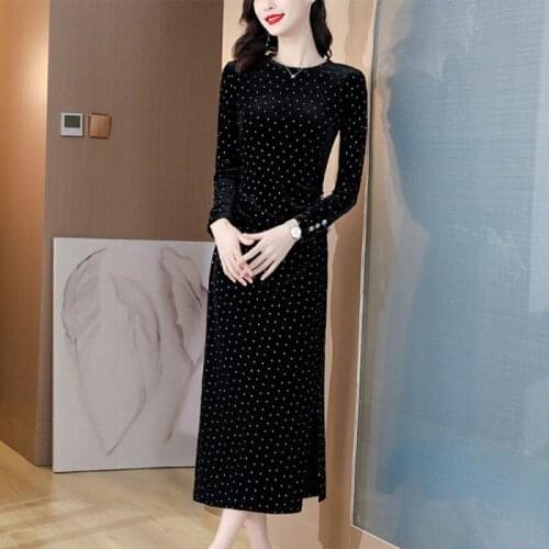 2021 Autumn winter velvet dress women French retro O neck long sleeve Polka dot slit gold velvet bag hip dress