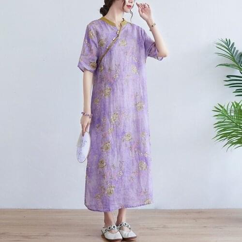 Women Cotton Linen Casual Dress New Arrival 2021 Summer Vintage Style Floral Print Loose Ladies Elegant A-line Long Dresses B854