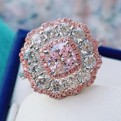 Luxury Real 925 Sterling Silver Pricess Cut Pink Quartz Topaz High Carbon Diamond Gemstone Wedding Engagement Rings For Women