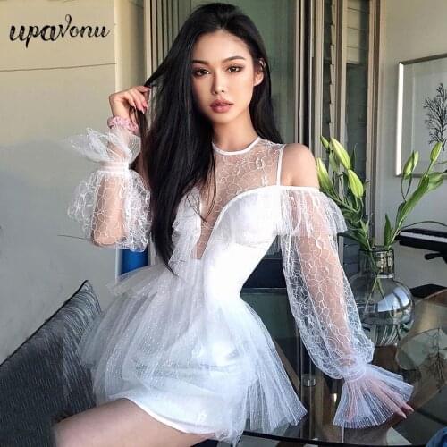 Free Shipping Lace Stitching Rayon Bandage Dress 2021 Womens Summer Sexy Round Neck Hollow Lantern Long Sleeve Mini Vestidos