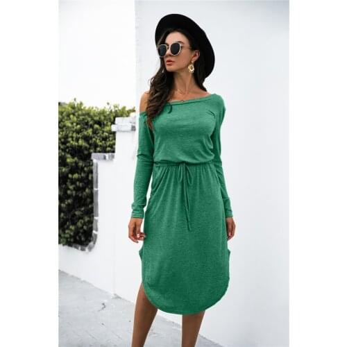 Women Robe Femme Solid Color Pencil Dresses Drawstrig Pockets Slanted Shoulder Long Sleeve Slim Dress For Woman Vestido De Mujer