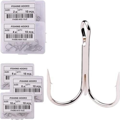 10pc/ Box Treble Fishing Hooks 2/4/6/8/10# High Carbon Steel Jig Head Treble Fishing Hook Carp Fishing Tackle White Fish Hook