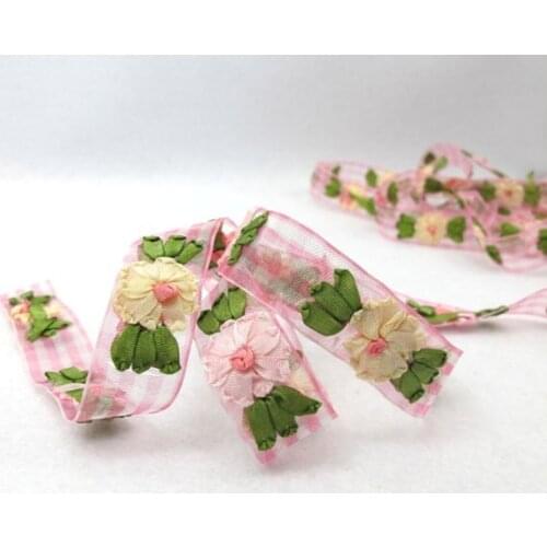 4 Colors|3/4 Inch|Embroidered Floral Checkered Ribbon Trim|Flower with Leaves|Unique|Colorful|Woven Chiffon Organza Ribbon