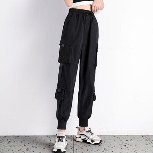 Zoki Streetwear Black Cargo Pants Women Elastic Waist Sweatpants Baggy Hip Hop Harajuku Trousers Korean Fashion Summer New 2021