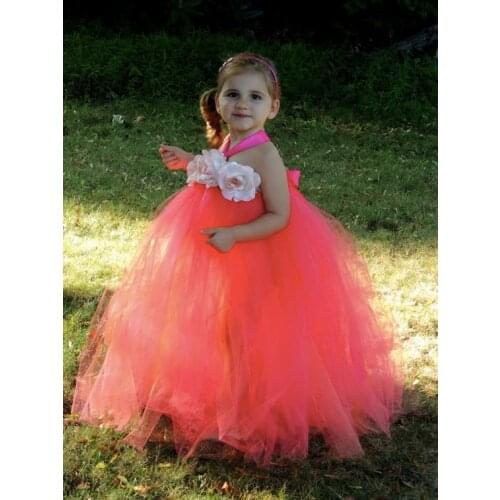Little Girls Orange Tutu Long Dress Kids Crochet Tulle Dress Ball Gown with Rose Flower Headband Children Evening Party Dresses