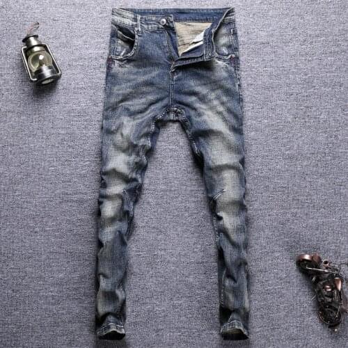European Vintage Fashion Men Jeans Retro Dark Blue Elastic Slim Fit Ripped Jeans Men Distressed Designer Casual Denim Pants