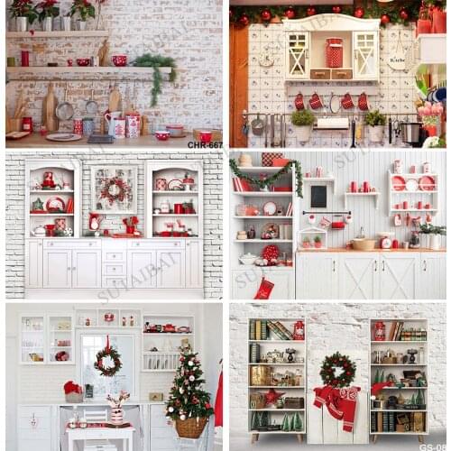 Photography Backdrop Christmas Kitchen Bookcase Photophone Background Wood Cupboard Child Cook Photo Studio Backdrop Photocall