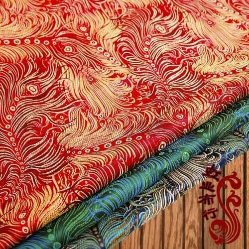 Chinese Silk brocade red/blue Peacock tail satin fabric for COSPLAY/Kimono/Mongolia clothing/cheongsam/Stage suit 1order=1meter