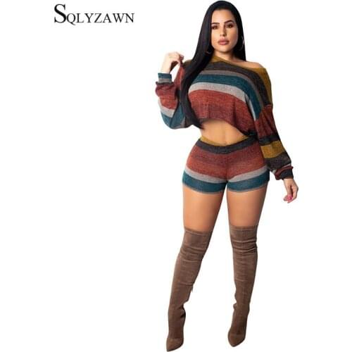 Sexy Colorblock Stripe Two Piece Pants Set Women Loose Long Sleeve Crop Top + Mini Pants Matching Streetwear Outfits Plus Size