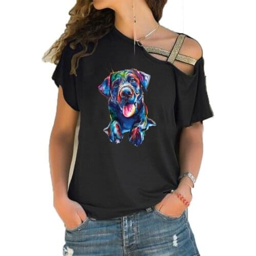 Summer Cute Labrador retriever Lovers Design Print Funny Teeshirt Women Short sleeve Loose Irregular Skew Cross Bandage Tops Tee