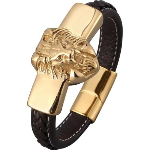 Trendy Brown Braided Leather Men Bracelets Bangles Gold Lion Head Stainless Steel Wristband Male Punk Jewelry Accessories SP0819