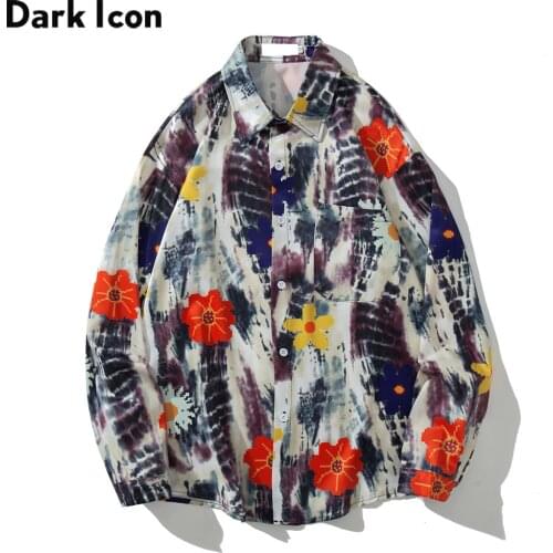Dark Icon Floral Tie Dyeing Mens Shirt Long Sleeve Autumn Turn-down Collar Shirts for Men