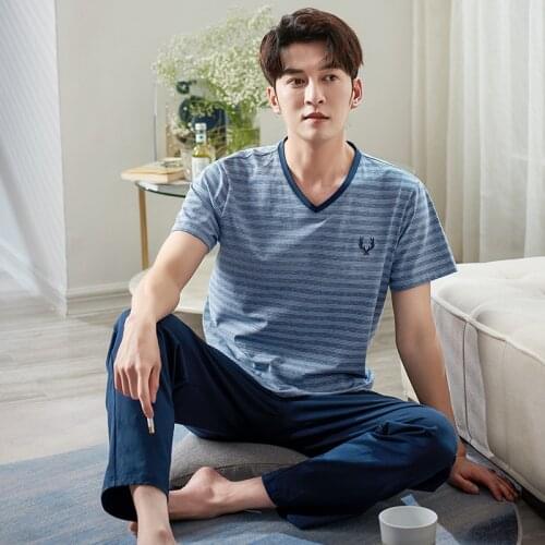 Men Large Size Stripe Pajamas Sets 2PCS Casual Wearable Home Clothes Sleepwear Nightwear T-Shirt&Pant Summer Pyjamas Sleep Suit