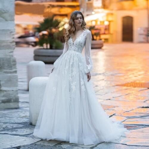 V-Neck Puffy Long Sleeves A-line Wedding Dress Lace Applique Illusion Back Bridal Gown Vestido De Novia