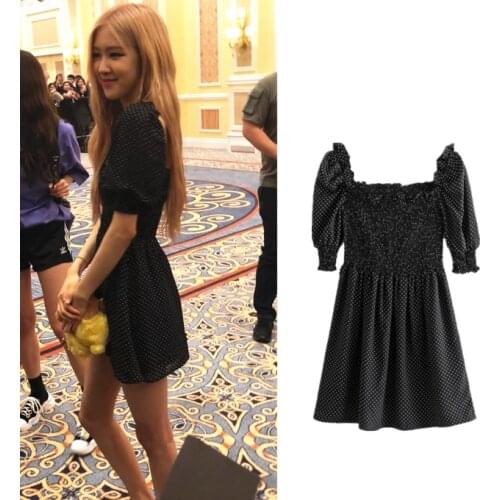 Kpop ROSE same summer new Black Sexy High waist slim Chiffon dress women korean fashion Square Collar Elastic Dresses