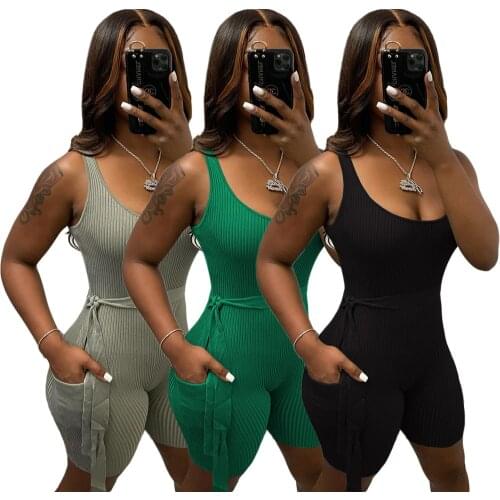 Casaul Sportswear Knitted Rib Playsuit Romper Sexy Fitness O Neck Sleeveless Sashes Bandage Biker Shorts Slim Jumpsuit Women