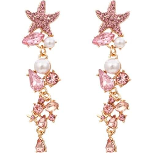 Casual Fashion Long Diamond-studded Starfish Earrings Atmosphere Hollow Alloy Inlaid Pearl Earrings Female Valentine’s Day Gift