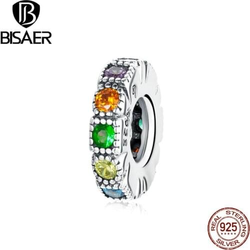 Bisaer Real 100% 925 Sterling Silver Rainbow Colorful CZ Spacer Charm Beads For Women Fit Original Bracelet DIY Jewelry EFC473