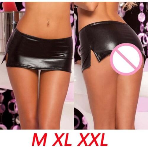 Sexy Ultra Short Shiny Wet Look Tight Up Hip Micro Mini Skirt with Matching Thong Cat Woman Night Club Wear Costume