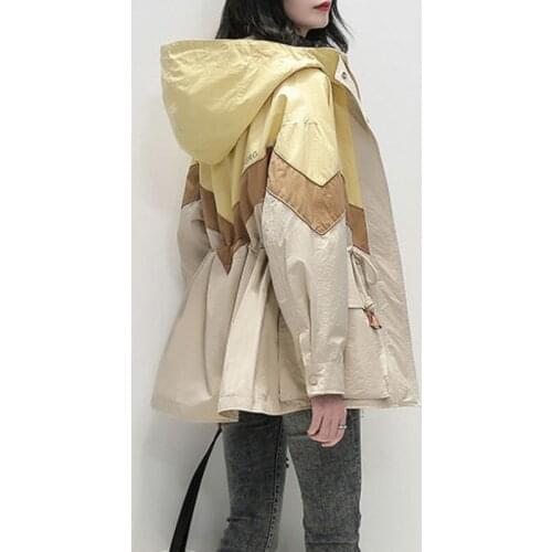 With Hood Womens Short 2021 Spring Autumn Korean Loose Fashion Trench Coat Stitching Temperament Embroidered Waist Clothing Top