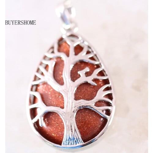 Trendy For Women Silver Color Tree of life Water Drop Necklace Pendant Natural Gem Stone Gold Sandstone 1Pcs K440