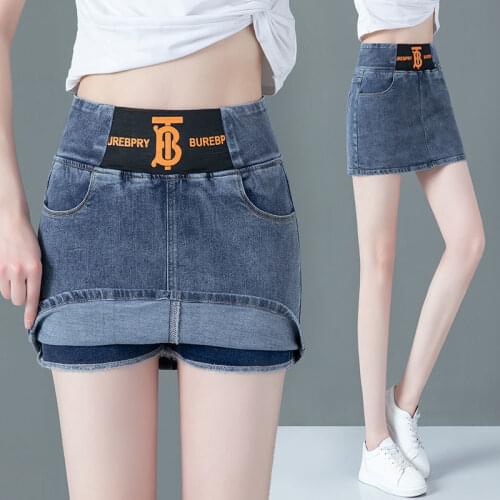 High Waist Denim Shorts Womens Skirt flare Pants 2021 Summer New Elastic Bag Buttock Anti Light Fake Two A-shape Skirt Elastic