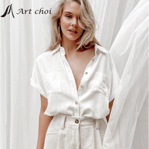 2021 Summer Elegant Casual T-Shirts Women White Blouse Tops Pocket Female Loose Shirt Work Office Ladies Comfortable Overshirt