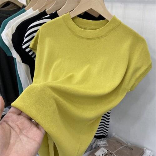 Woman Short Sleeve Slim Fit Summer Yellow Tshirt Girls Oversized T Shirt Office Wear OL Knitwear Knit Top Cotton T-shirt Ladies