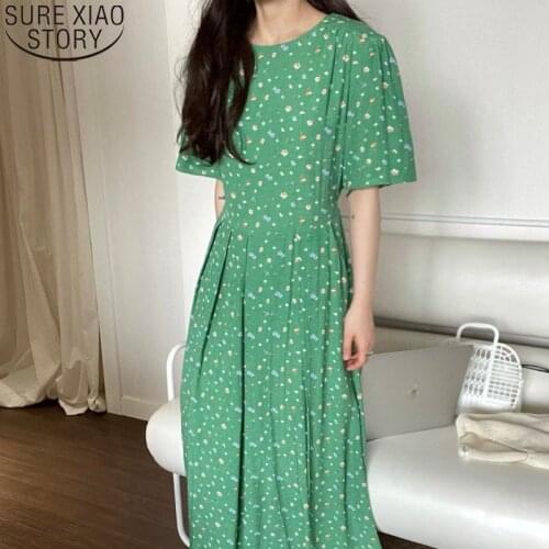 Women Long Dress Chic Floral Dress 2021 Summer Print O-Neck Dress for Women Casual High Waist Loose White Dresses Vestido 14527