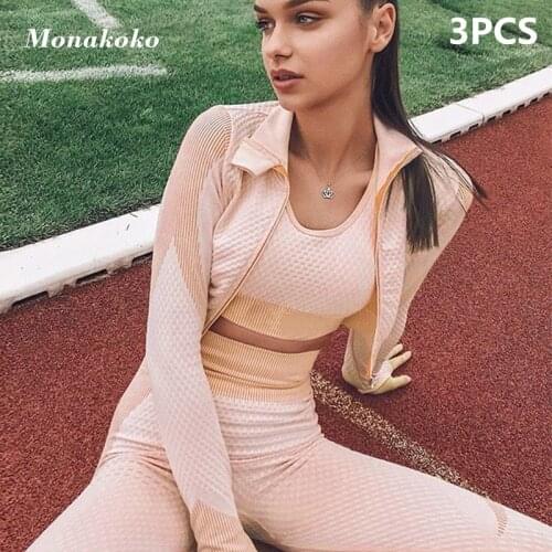 3pcs Sport Seamless Workout Set Women Rib 3 2 Piece Long Sleeve Zipper Crop Top Shirt Legging Fitness Set Clothes Yoga Gym Set