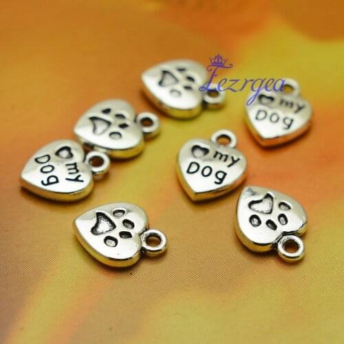30pcs/lot--13x10mm, Antique silver plated Heart Shape Love My Dog With Paw charms,DIY supplies,Jewelry accessories