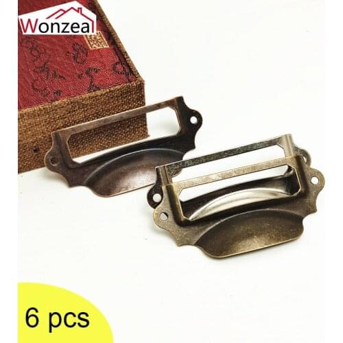 6pcs Antique Iron Vintage Metal Label Pull Frame Handle File Name Card Holder For Furniture Cabinet Drawer Box Case Bin 43x90mm